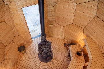 Wooden interior of giant egg sauna