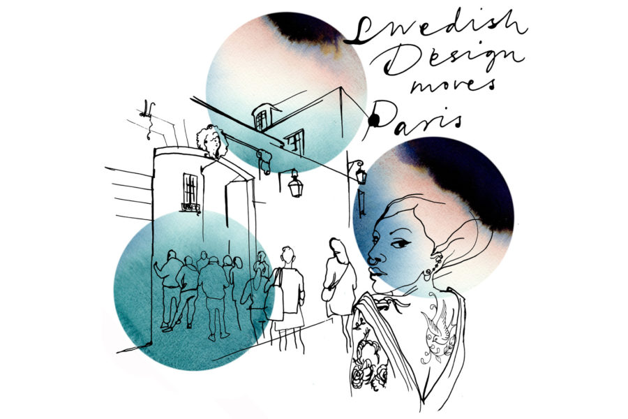 Illustration Stina Wirsén illustration : croquis de l'institut suédois et tâches d'aquarelle bleu et rose
