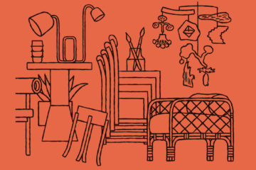 dessin noir sur fond orange, esprit minimlaliste, des objets et du mobiler