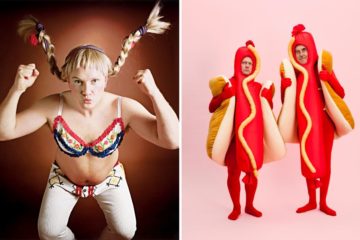 image de gauche : un homme déguisé en Fifi Brindacier, à droite deux hommes déguisés en hot dogs
