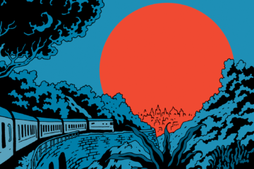 illustration graphique : un paysage bleue t noir avec un trian qui passe à travers la forêt et un soleil orange qui semble se coucher.