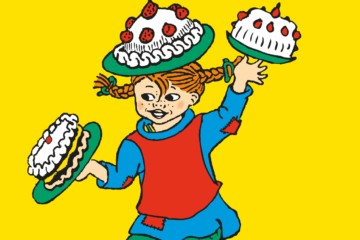 Visual of Pippi Longstocking holding two cakes and balancing one on her head.