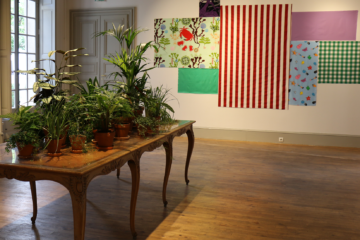 An antique table with an installation of plants on it, in front of a wall covered with different fabrics.