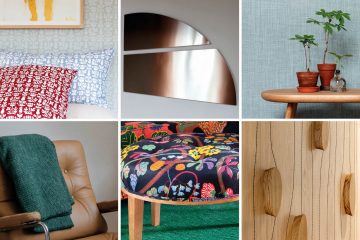 Patchwork of six photos showing cushions, a mirror, a bench with plants on it, a leather armchair, an armchair with flower patterns and wooden coat hooks.