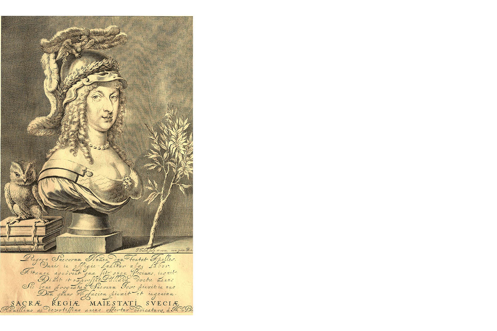 Gravure sur cuivre de Jeremias Falck : La Reine Christine en Minerve