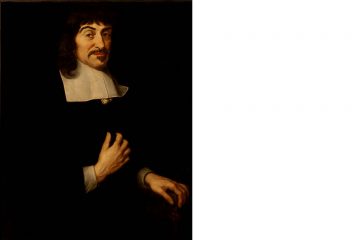 Portrait de Descartes en habit noir sur fonds noir, posant assis, main gauche sur le genou gauche et main droite sur la poitrine.