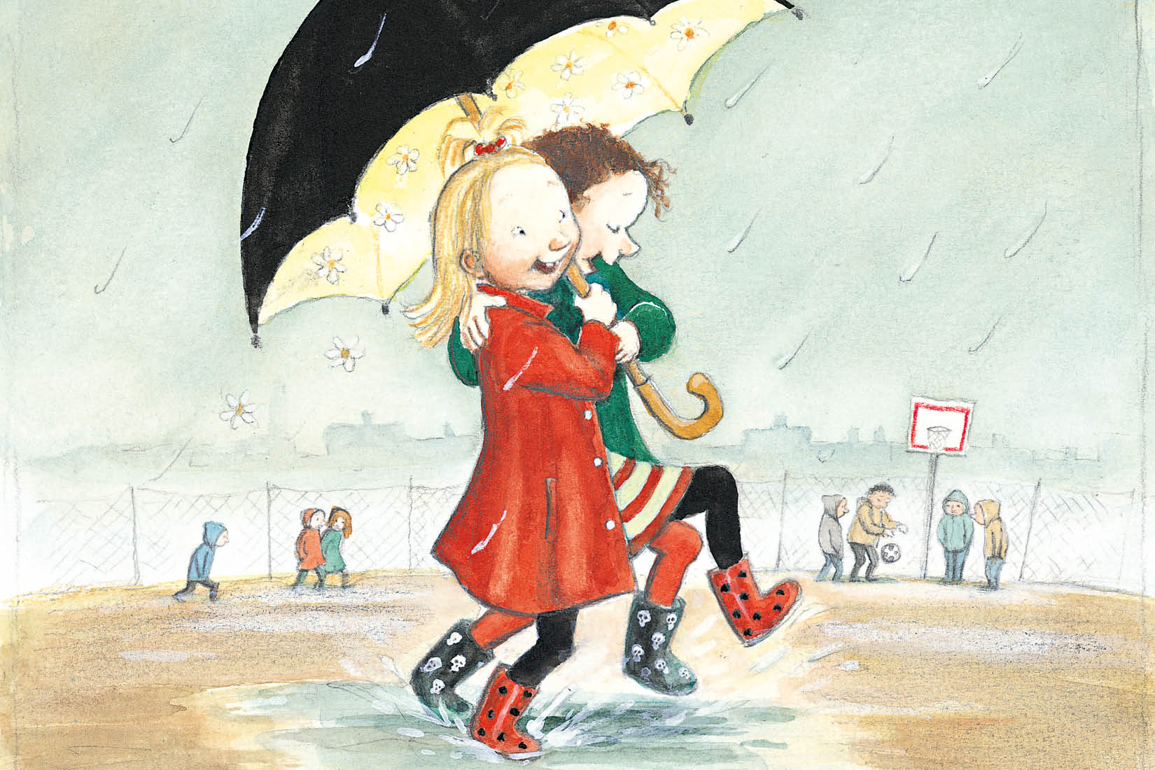 Dessin de deux enfants sautant dans une flaque en riant sous un parapluie.