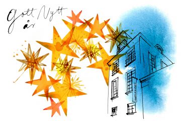 Drawing showing a facade of the Hotel de Marle and a bunch of golden stars.