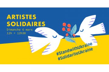 Visuel graphique représentant deux colombes sur fond de drapeau ukrainien