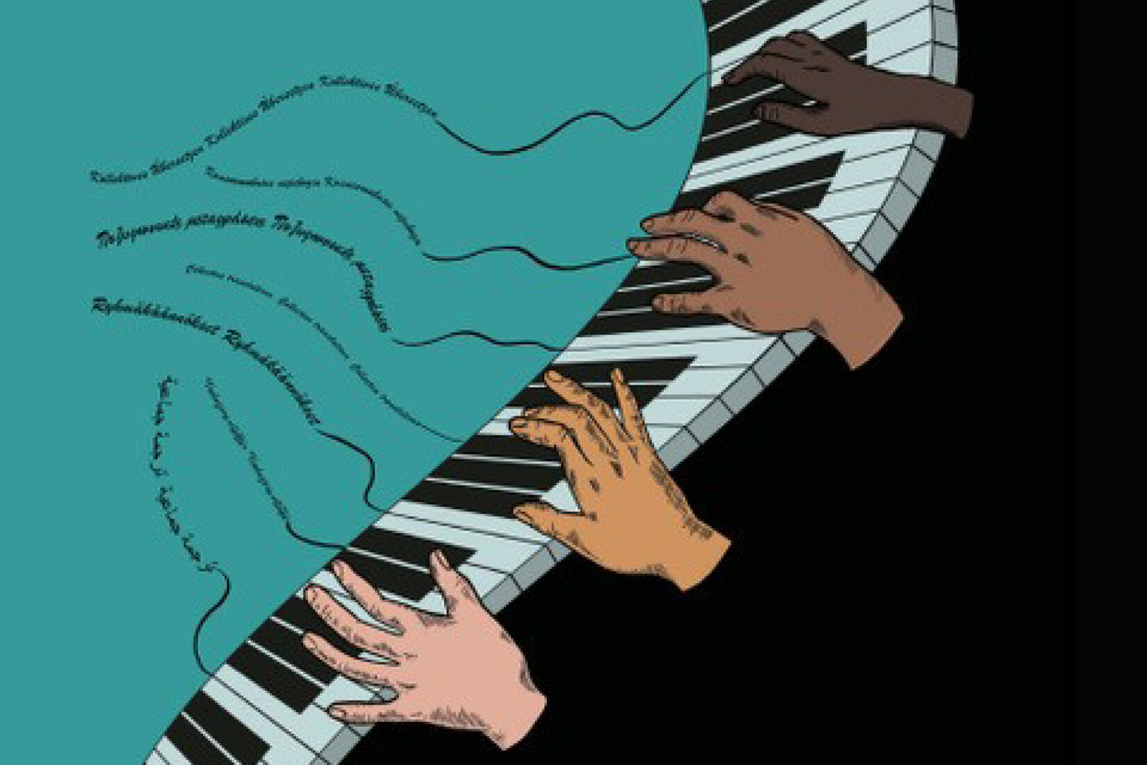 Illustration showing hands of multiple colours playing the piano, the music represented by filets of words floating up in the air.