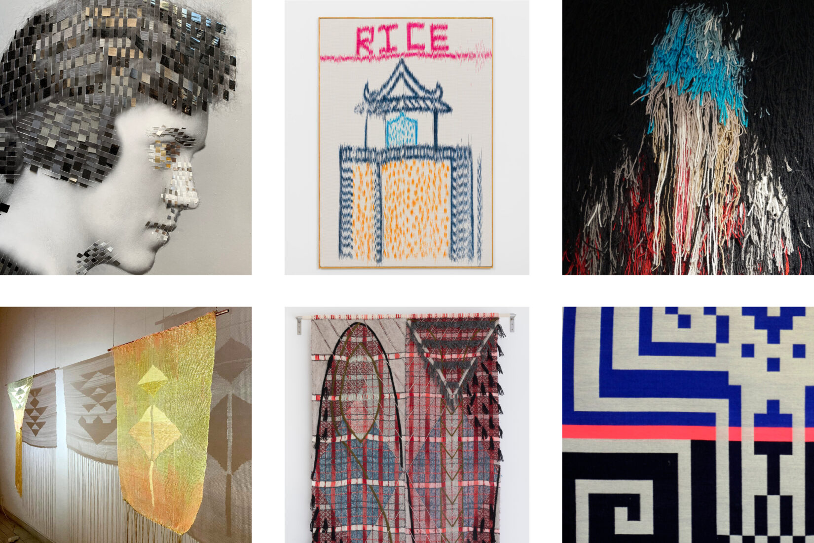 Collage of six woven artworks of the six presented artists.