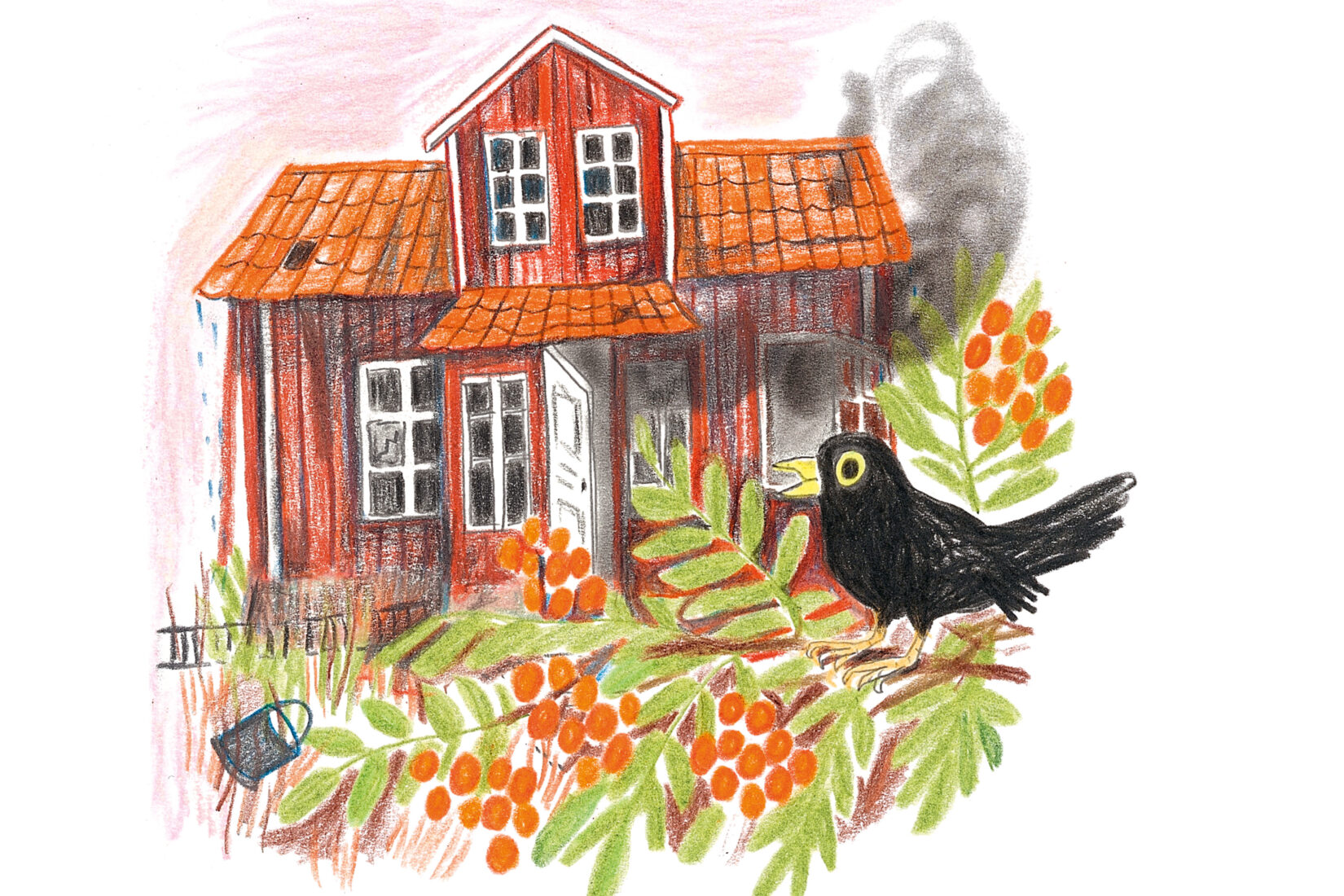 Dessin d'une maison en bois peinte en rouge au milieu de la forêt, avec un oiseau noir posé sur une branche au premier plan.