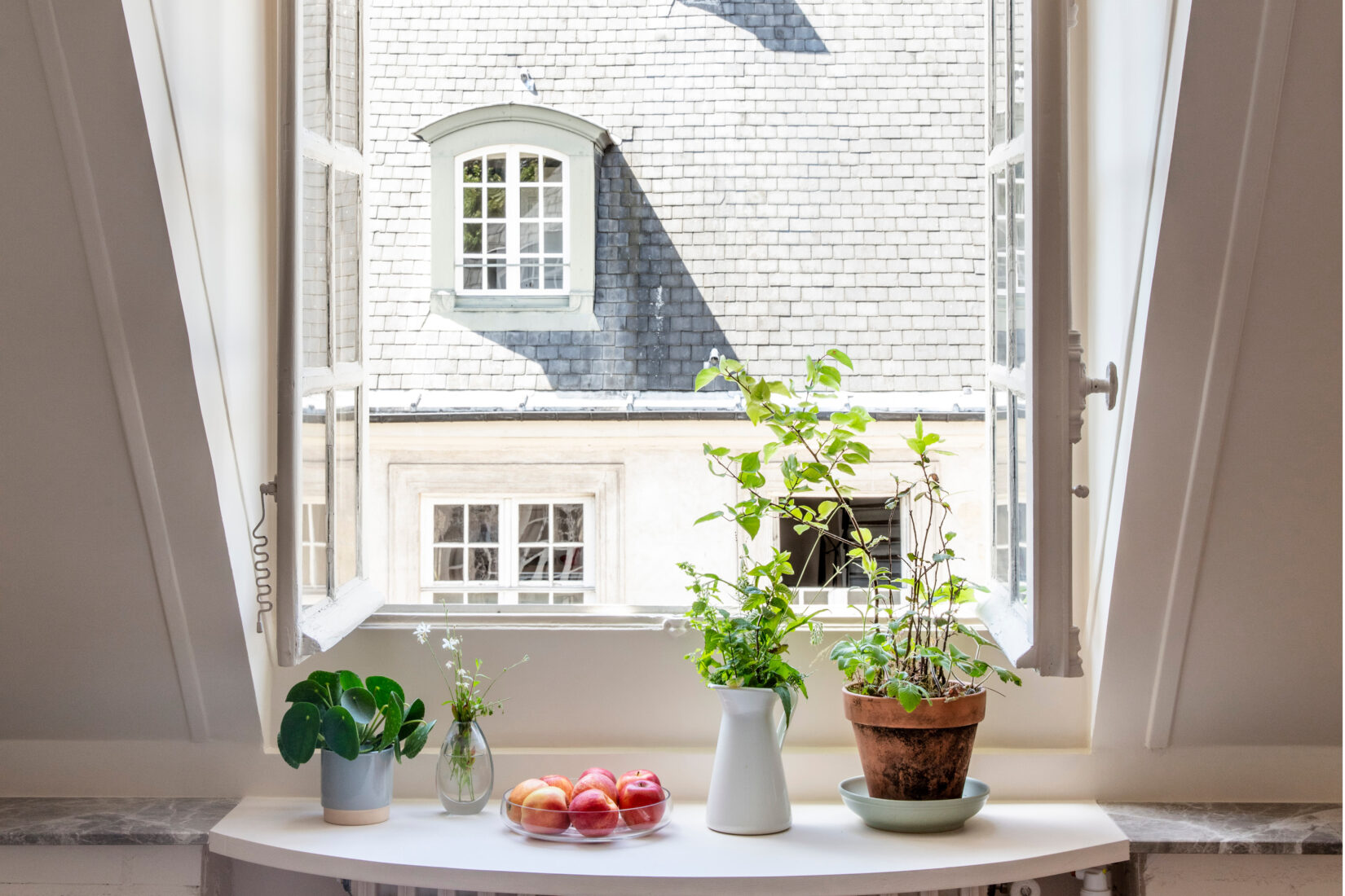 In one of the residency appartments of Institut suédois, a window framed with plants opened to the courtyard.