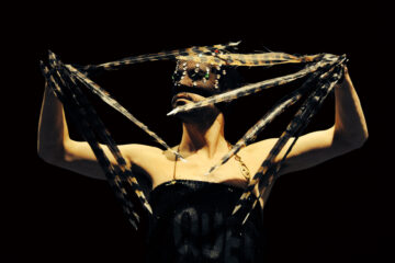 Photo d'un danseur portant de grandes plumes à la place des doigts et un masque, dans un éclairage énigmatique.