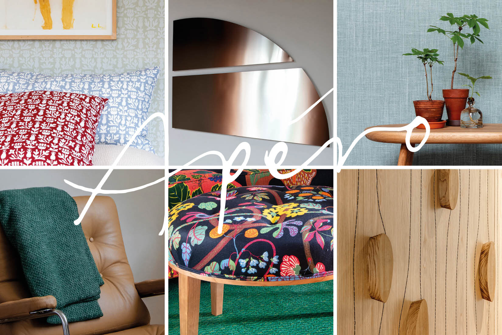 Patchwork of six photos of every residency appartment showing each time a design element: cushions, a mirror, a stool, a leather armchair, a flower fabric armchair, wooden hangers.