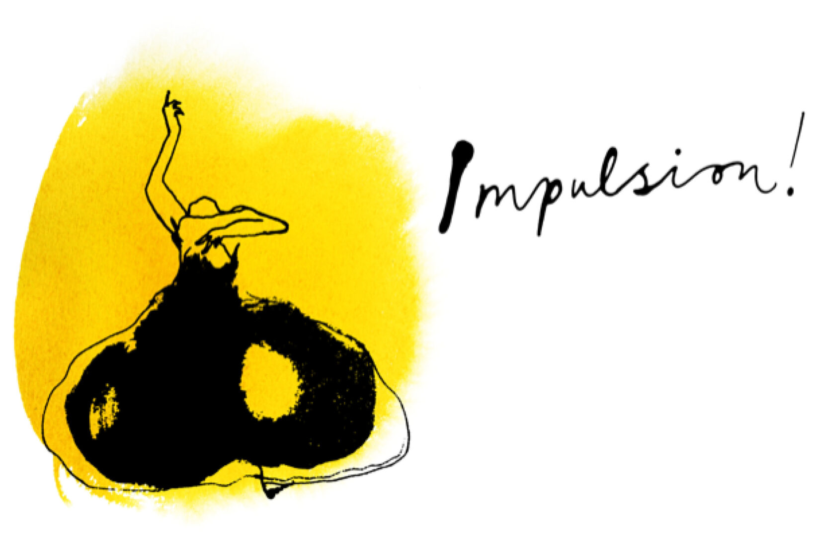 drawing in yellow and black of a dancer leaned backwards with her arm up in the air.