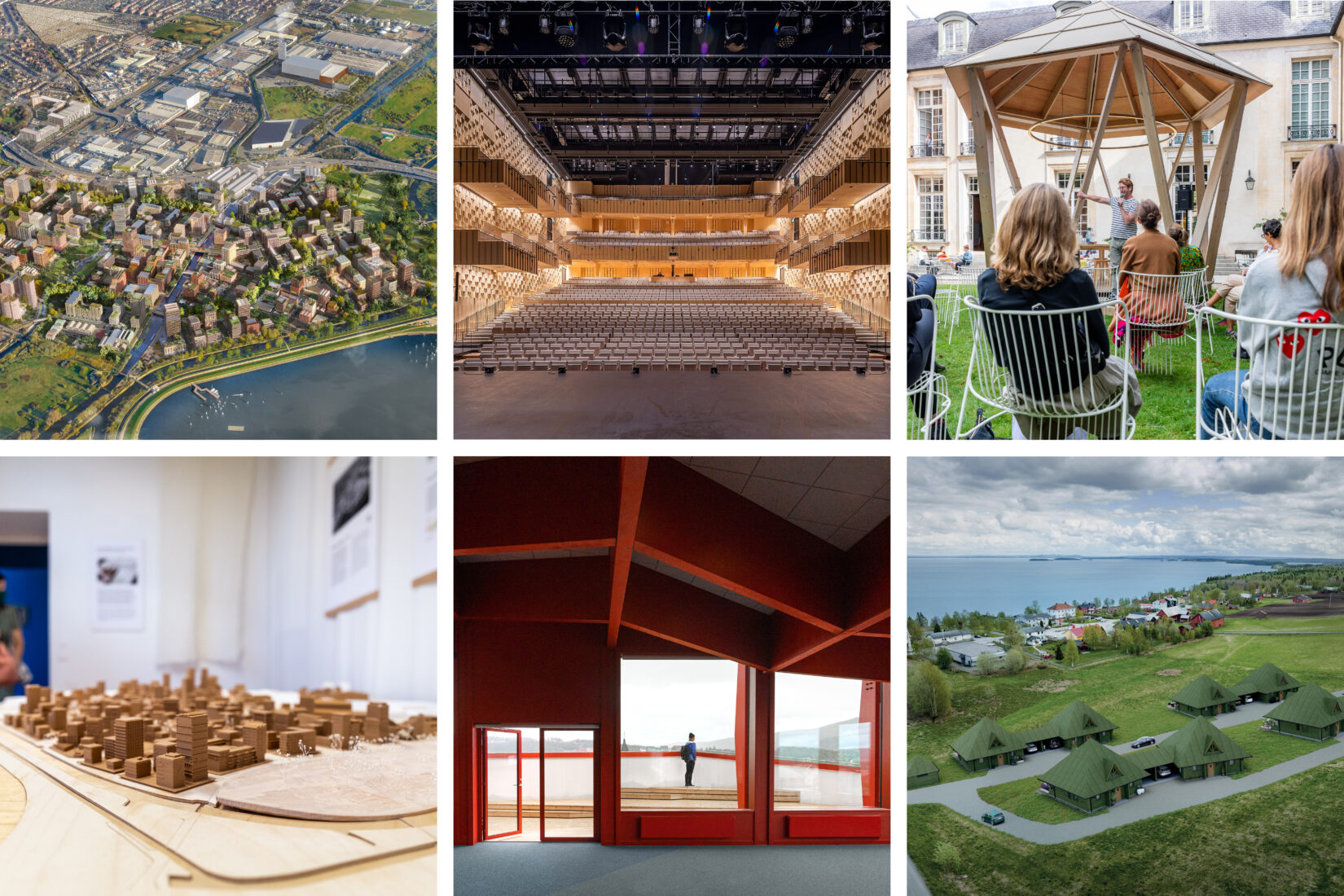6 photos représentant une ville de haut, un auditorium, le pavillon en bois dans le jardin de l'Institut suédois, une maquette d'une ville, l'intérieur d'un bâtiment rouge et un quartier pavillonaire de haut