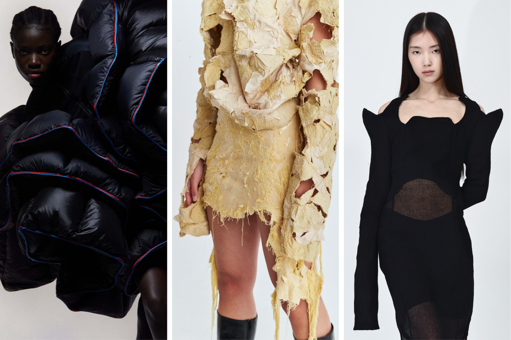 3 photos de mannequins femmes portant des créations de mode : de gauche à droite, une robe noire gonflée comme des pétales de fleurs, une robe à l'aspect déchiré beige et une robe noire aux airs aquatiques.