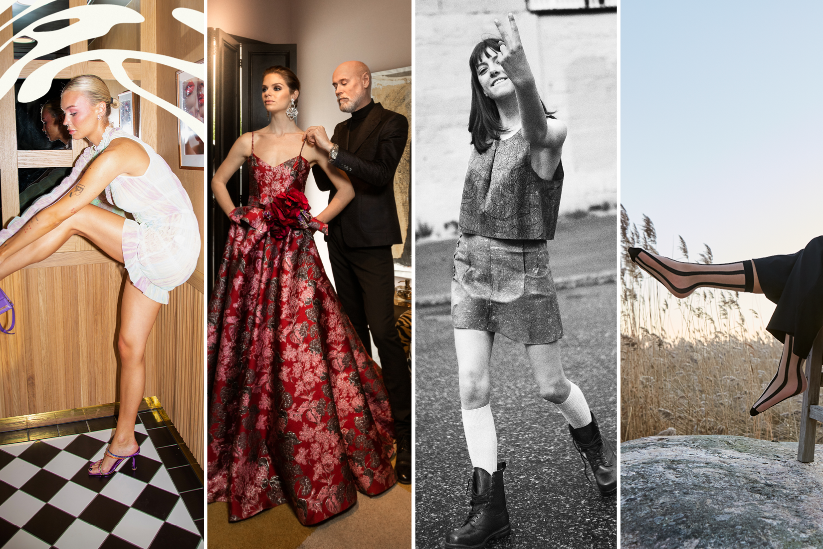 Four pictures of women models wearing fashion creations. To the left, a woman wearing a short white dress in a room with black and white tiling; next, a woman wearing a long ballroom dress with a man by her side; a woman walking in a field in a short skirt and a sleeveless top; to the right, only legs with stockings in the sunset.