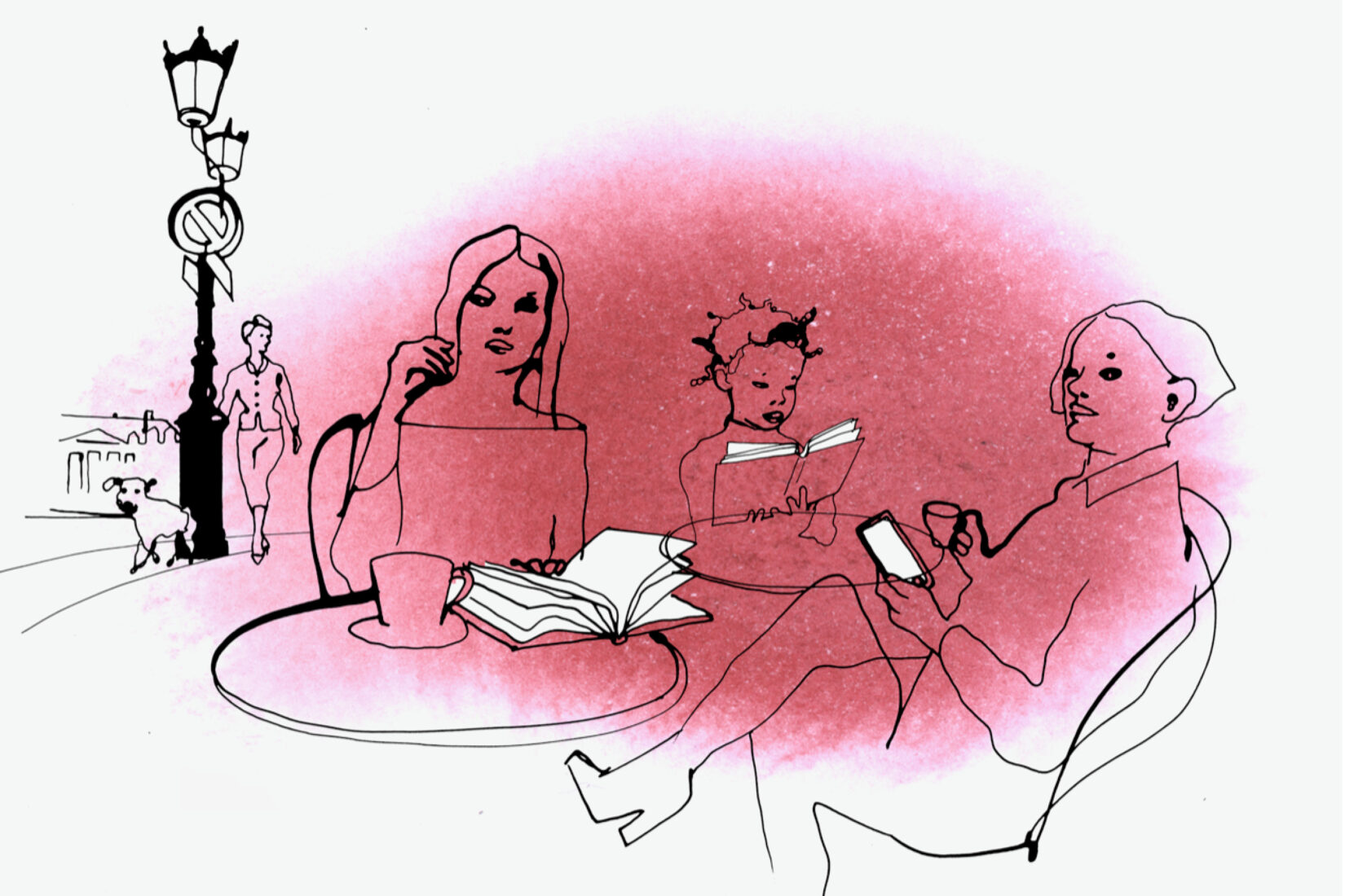 Dessin d'un groupe de personnes attablées sur la terrasse d'un café, deux d'entre elles lisent un livre et une autre regarde l'écran de son téléphone.