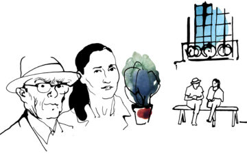 Illustration in two parts: one shows Cynthia Fleury and Clarence Crafoord sitting on a bench under a window in the Institut suédois' yard, and the other one shows their two faces.