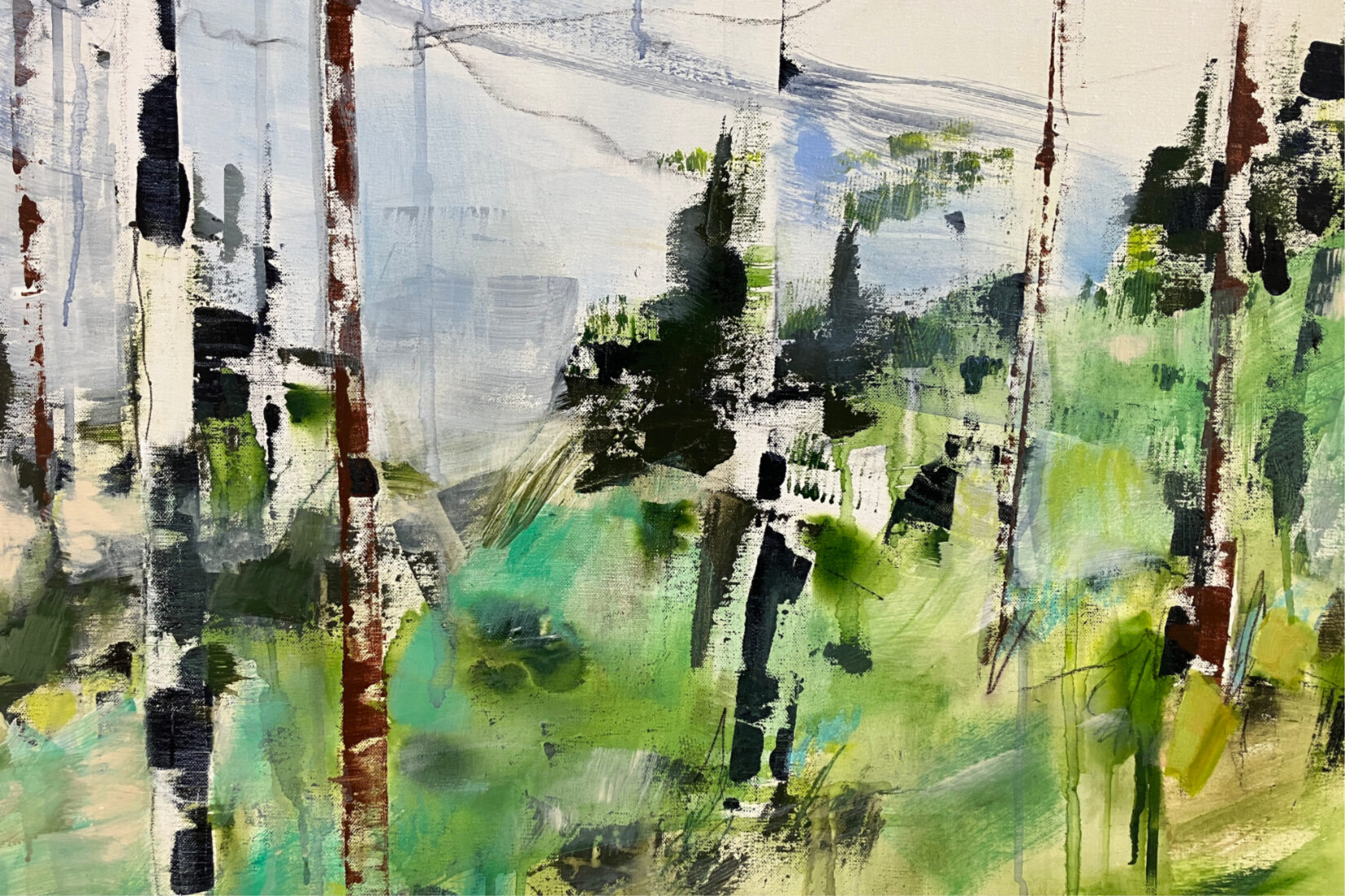Peinture à l'huile dans les tons vert, bleu et marron, représentant de façon abstraite une forêt.