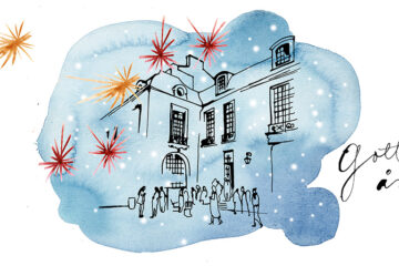 Illustration of the Hôtel de Marle under the stars, with the text "Happy New Year" in Swedish.