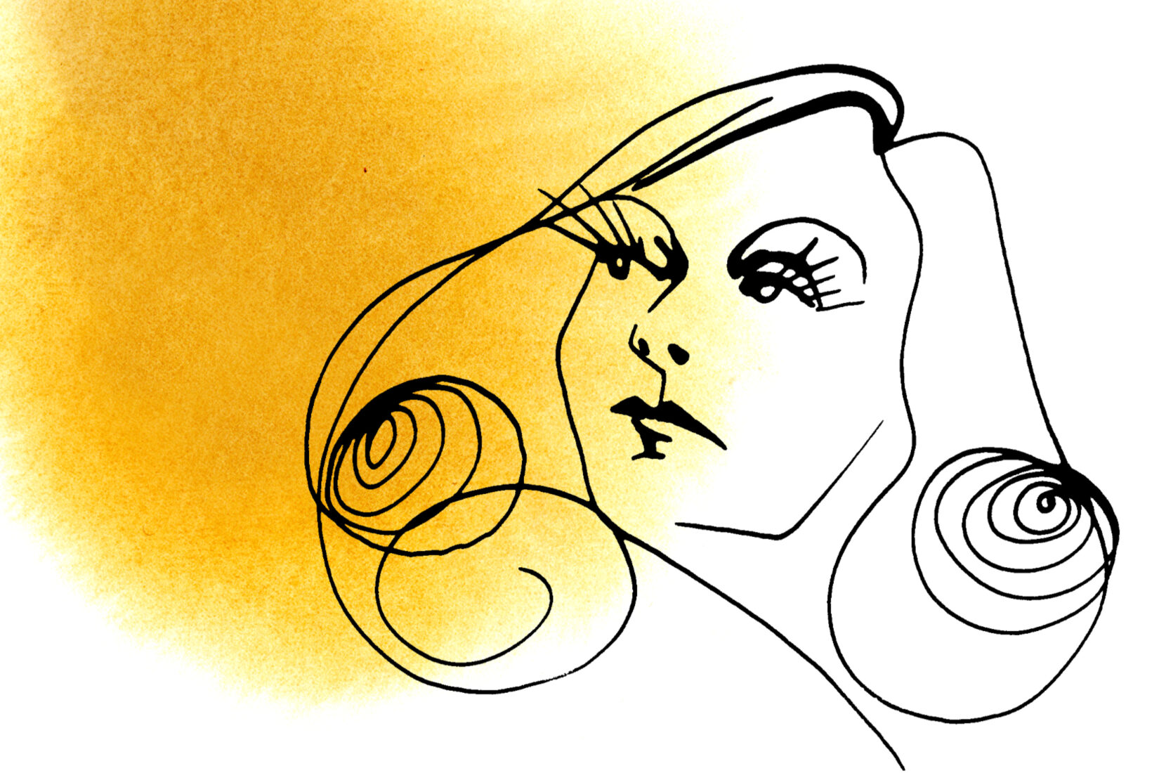 Drawing with a black pencil of Greta Garbo's face with a touch of yellow color.