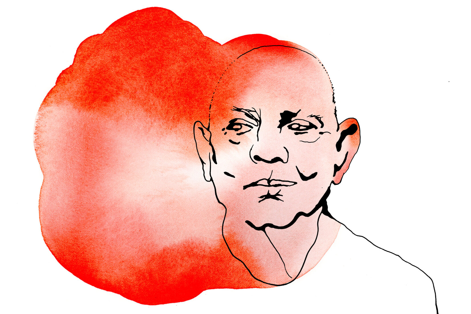 Dessin en noir et blanc représentant Lars Norén avec un aplat de couleur rouge orangé autour de son visage.
