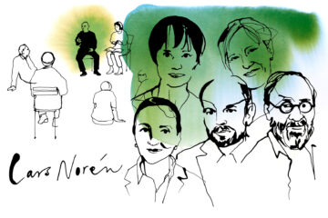 Drawing representing on one side Lars Norén in the middle of a group of comedians, and on the other side the faces of Dominique Blanc, Françoise Gillard, Jean-Pierre Darroussin, Hervé Pierre and Amélie Wendling.