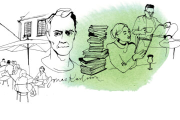 Drawing mixing people reading books on the FIKA terrace at Institut suédois and the portrait of writer Jonas Karlsson.