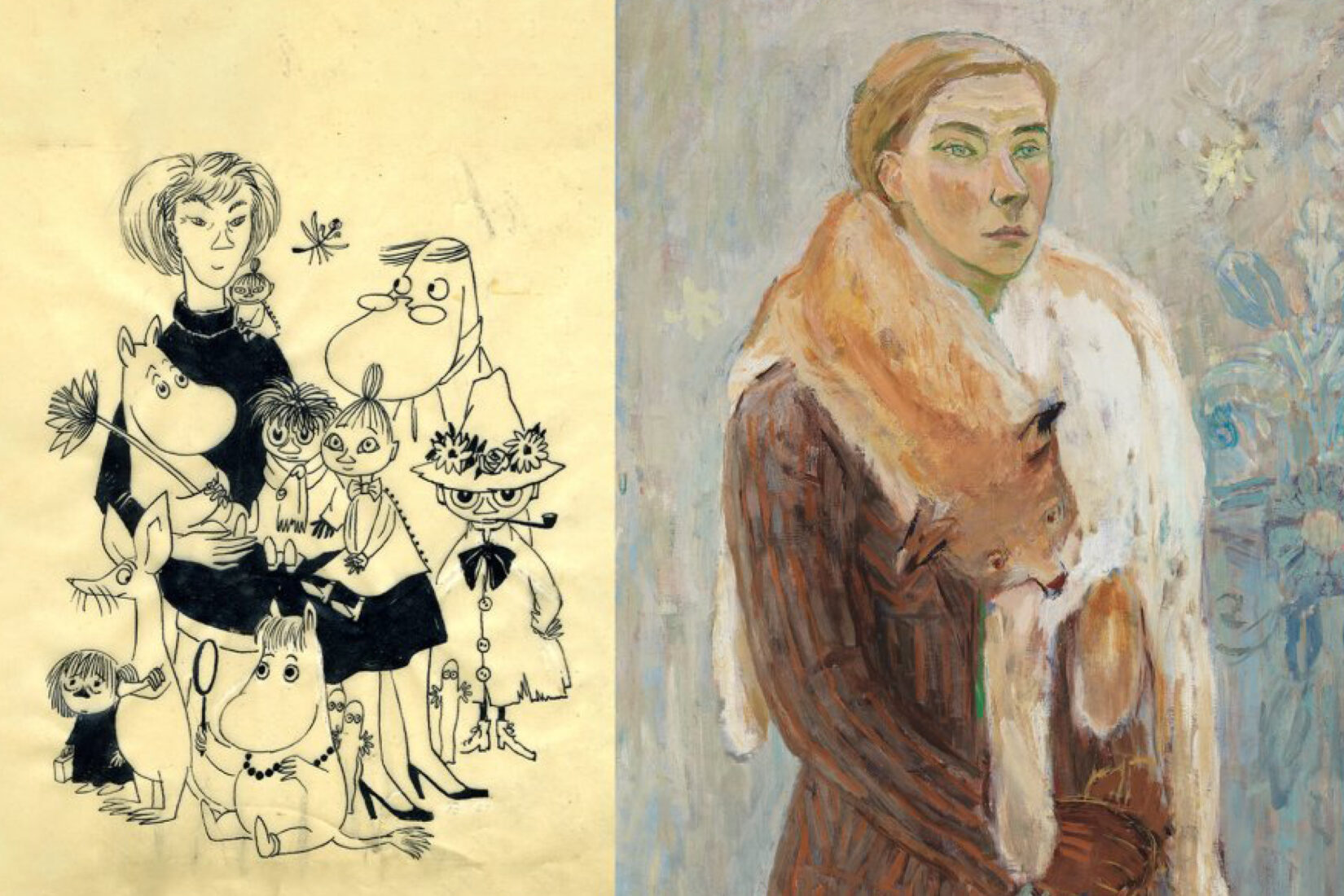 Collage de deux dessins représentant d'une part les Moomins et d'autre part l'autrice Tove Jansson.