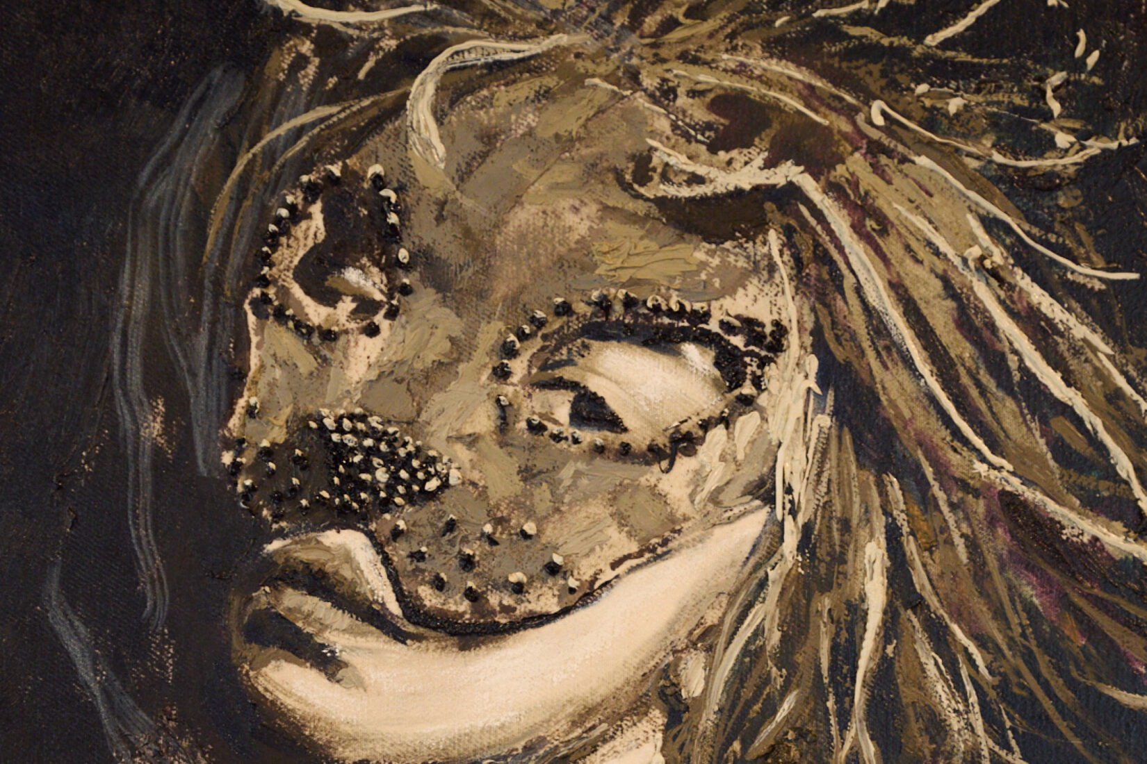 Painting in dark colours of the face of a woman wearing a cat mask.