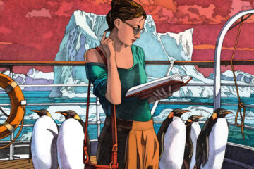 illustration d'une jeune femme lisant sur le pont d'un bateau qui traverse des glaciers, entourée de 5 pingouins