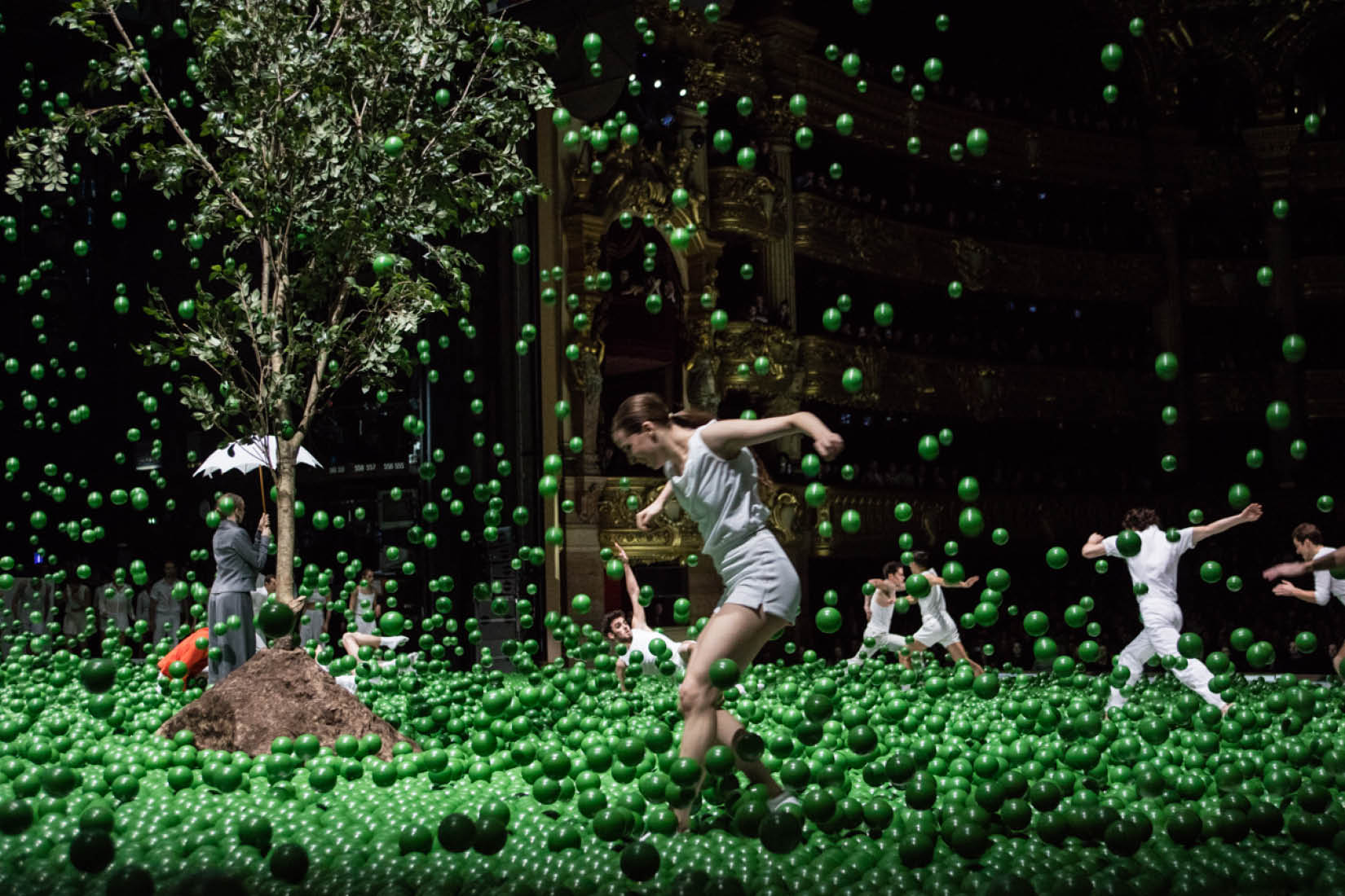 danseurs habillés en blanc danses sous une pluie de balle verte, un jeune arbre se trouve au cemtre de la scène