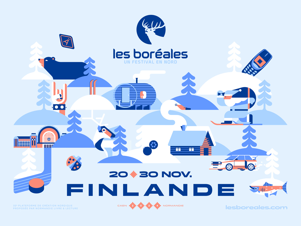 affiche dans les tons bleus avec paysage nordique, neige, chalets, écritures Finalande et dates 20 et 30 Novembre