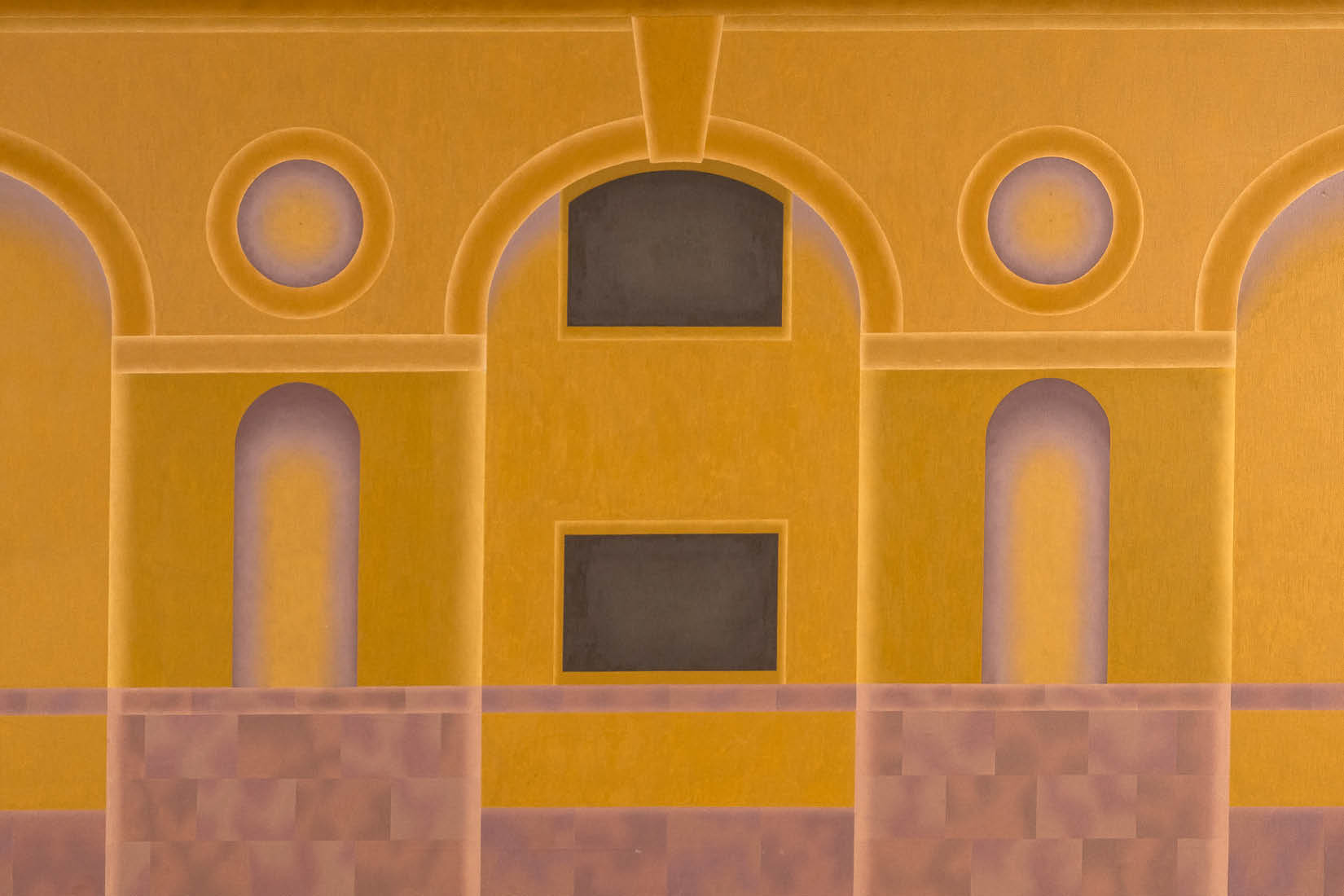 Peinture dans les tons ocre, représentant la facade d'un bâtiment.