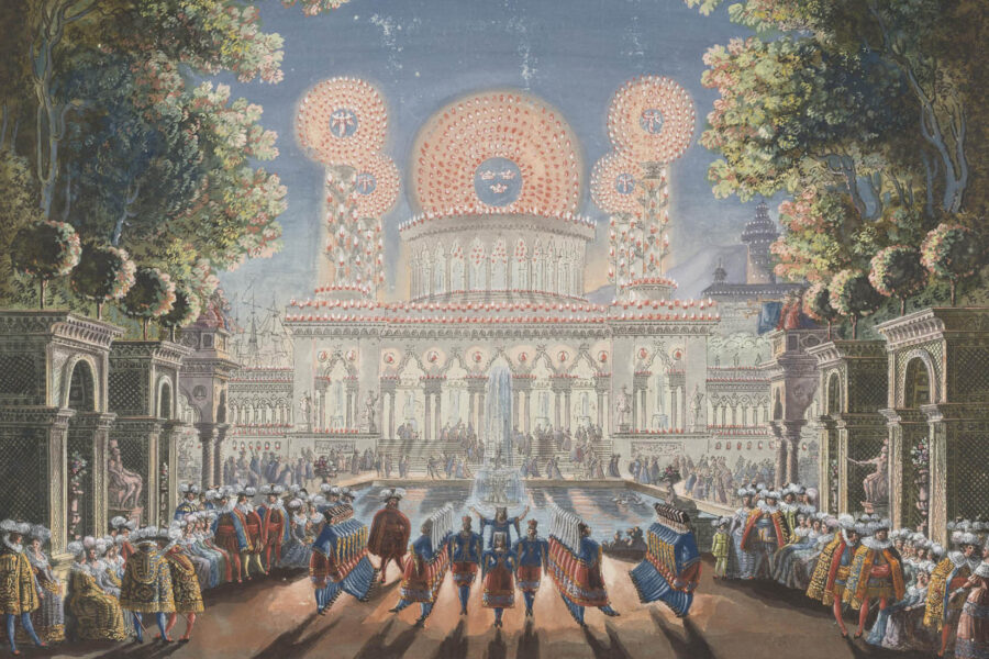 Engraving representing a crowd in front of a majestic building, as for a party.