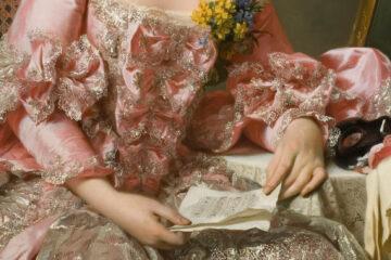 Detail of a painting showing the hands of an elegant lady holding a letter.