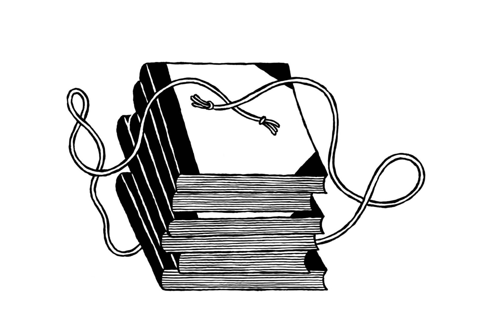 Dessin montrant une pile de livres entourés d'une corde.