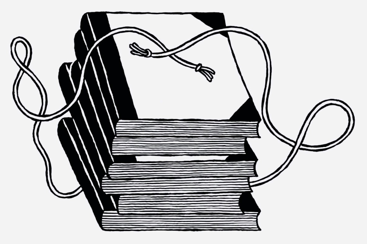 Dessin montrant une pile de livres entourés d'une corde.