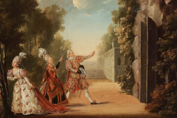 Painting depicting a man and two women in court attire, set in nature, facing a large doorway that opens onto what appears to be a cave.