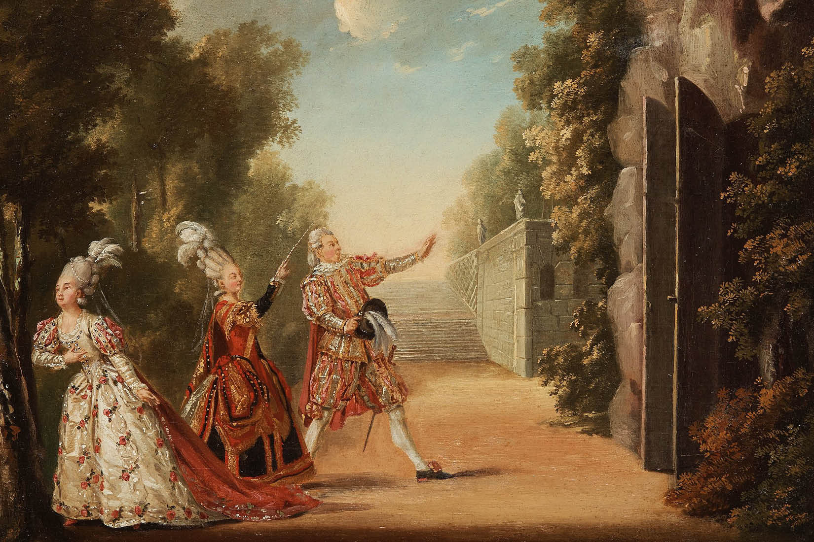 Tableau représentant un homme et deux femmes en habits de cour dans la nature, face à une grande porte ouverte sur ce qui ressemble à une grotte.