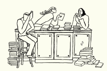 Illustration showing three characters at a bar, reading books.