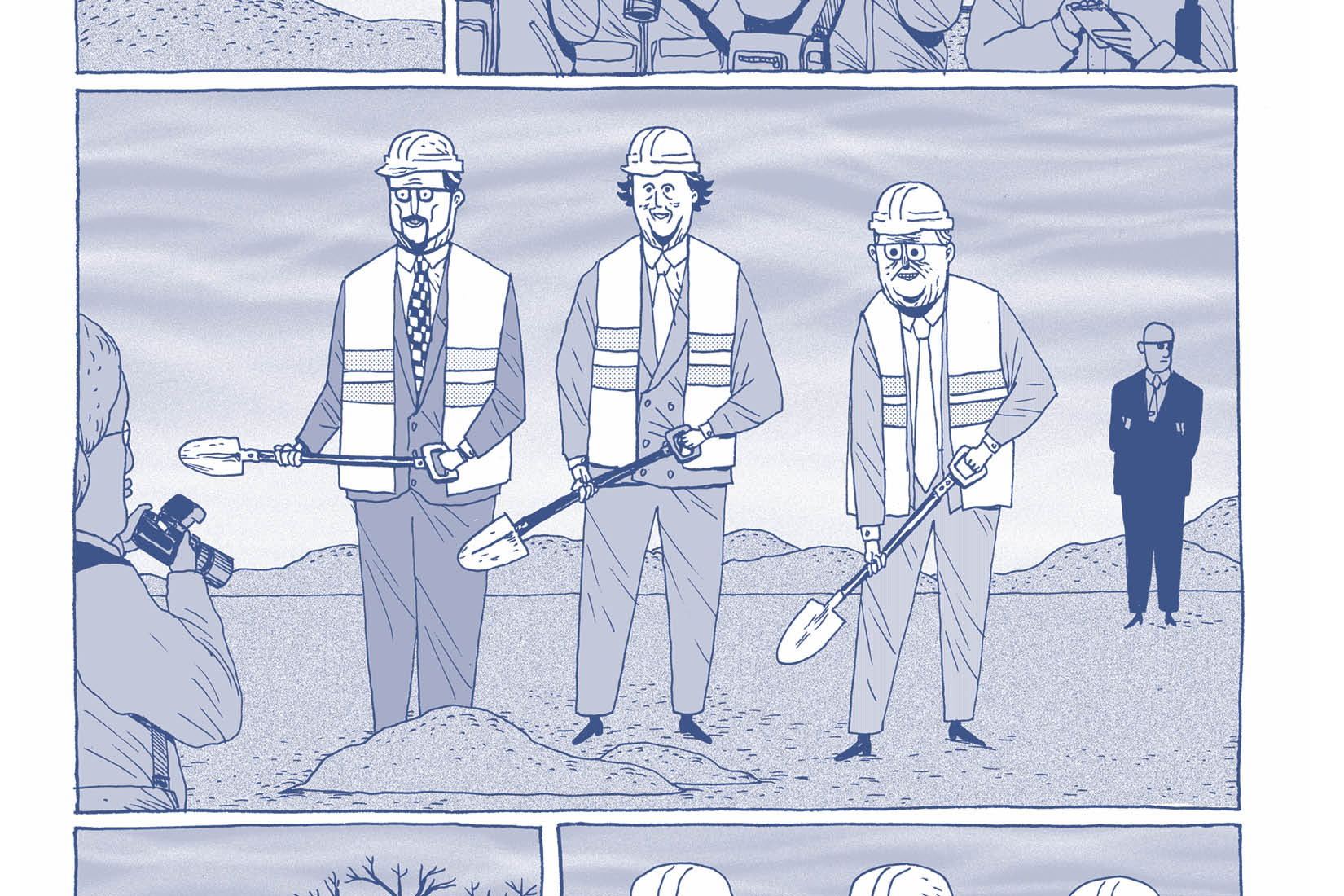 Planche de BD où l'on voit trois hommes en costume tenir des pelles avec des tas de terre à leurs pieds, tout sourire face à la caméra.