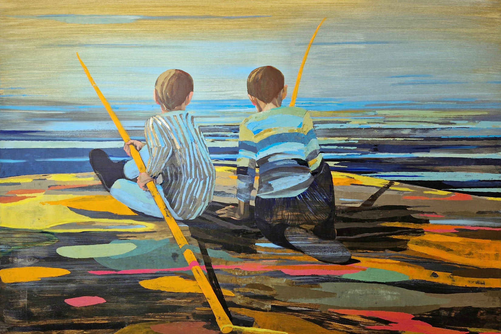 Peinture représentant deux garcons de dos, en train de pêcher.