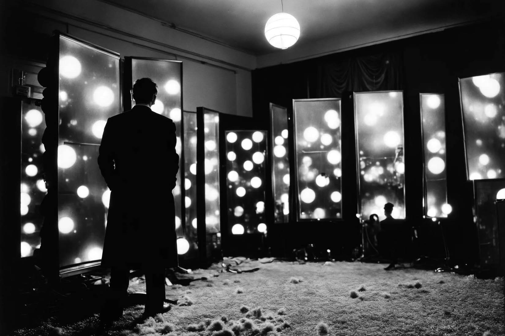 Image en noir et blanc montrant un homme de dos dans une pièce meublée de miroirs reflétant des boules lumineuses.
