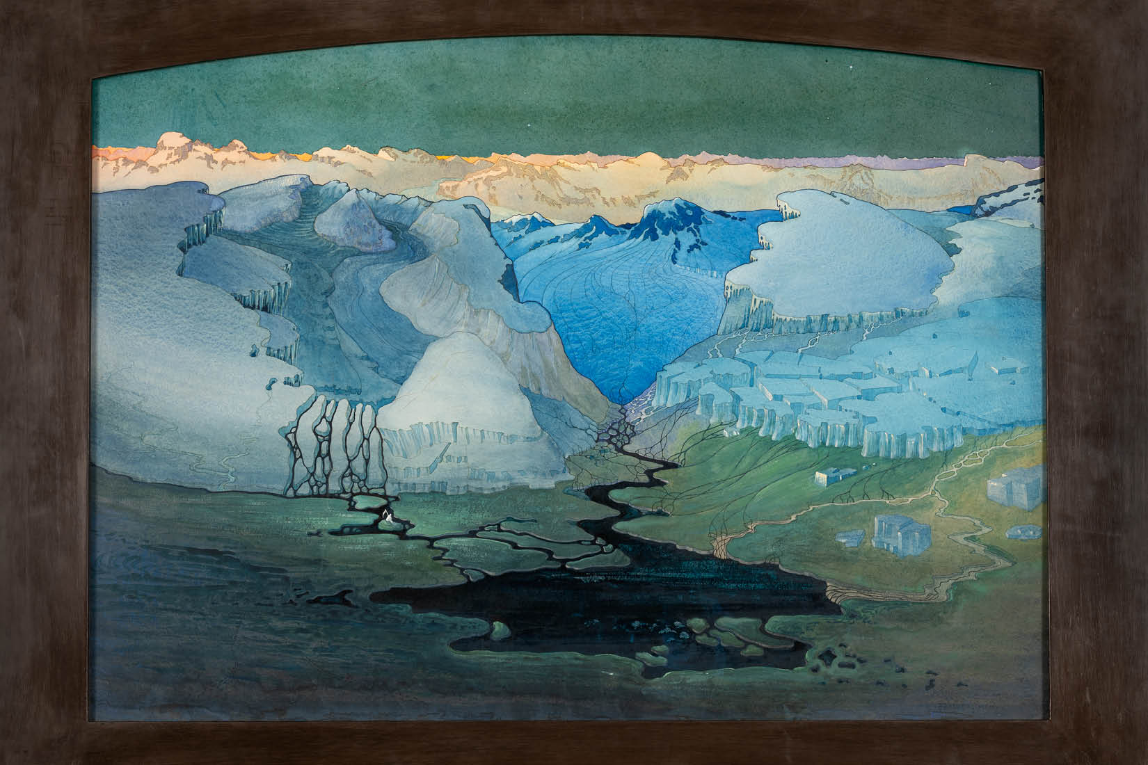 Peinture de paysage avec montagnes et lacs dans les tons bleutés.